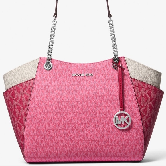 Michael Kors LG Jet Set Color-Block Signature Logo Shoulder Bag Dark Raspberry - Picture 1 of 11